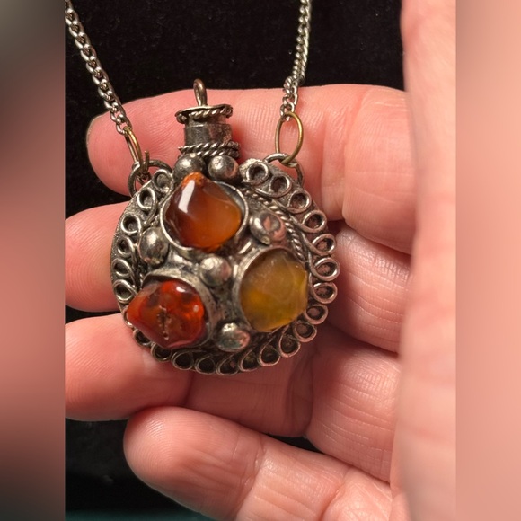 Source Unknown Jewelry - Elegant Perfume Bottle Snuff Silver Tone Pendant with Amber and Yellow Stones